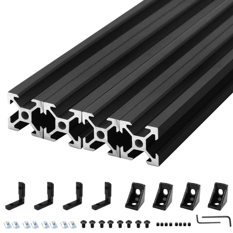 4 Pack 400mm Black 20x20 Aluminum Extrusion T Slot Profile Kit For 3D Printer Framing And Linear Rail Systems Anodized Alloy With Corner Bracket Setup, shown with components and tools.