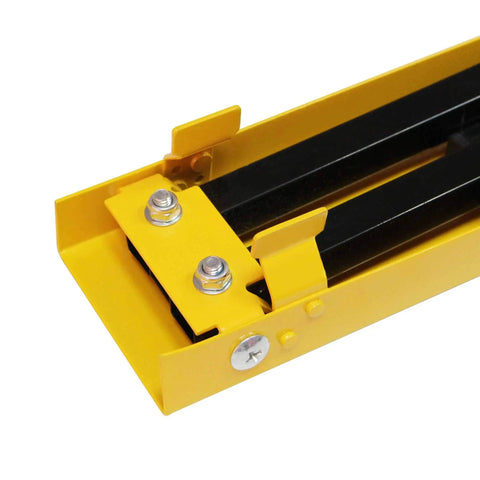 Close-up of Rock Solid Portable Folding Sawhorse Heavy Duty Steel Work Stand Twin Pack with yellow and black components.