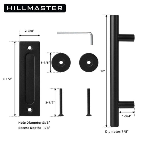 12 Inch Beefy Heavy Duty Sliding Barn Door Pull Handle Set With Two-Side Flush Design, Round Black Finish, disassembled view