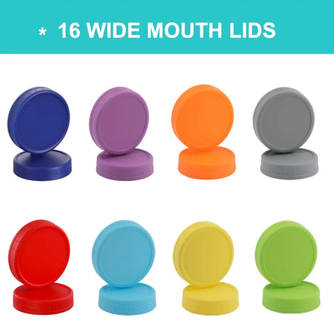 Hella Versatile Wide Mouth Mason Jar Lids 16 Pack Dope Colored Plastic Caps For Ball And Kerr Canning Jars Featuring Legit Leak Proof Food Grade Storage Covers That Make Your Pantry Pop