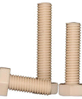 Pro Grade PEEK Hex Head Screws M14X110, 10 Piece Pack Of Heavy Duty Plastic Fasteners in beige color stacked with hex heads.