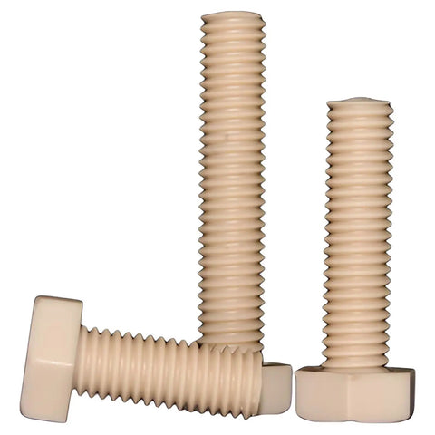 Pro Grade PEEK Hex Head Screws M14X110, 10 Piece Pack Of Heavy Duty Plastic Fasteners in beige color stacked with hex heads.