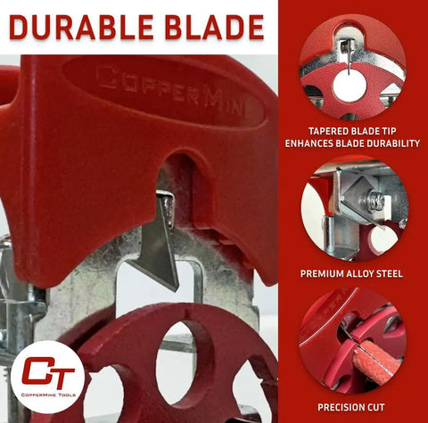 Close-up of durable blade feature on hassle free portable handheld copper wire stripper for scrap wire recycling.