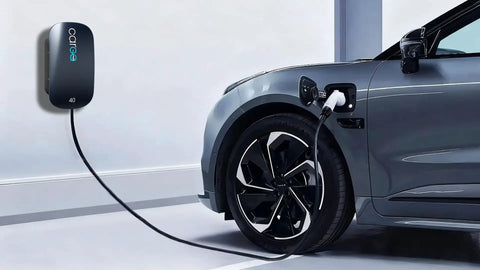 Level 2 EV Charger 40 Amp Fast Home Charging With Battery Health And Battery Life Monitoring connected to car in garage