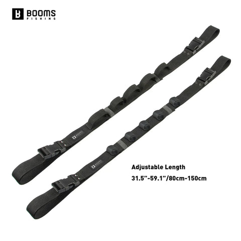Car Roof Fishing Rod Carrier Rack Holds Up To Five Poles, Adjustable 31.5 To 59 Inches, No Drill Mount, shown in black straps.