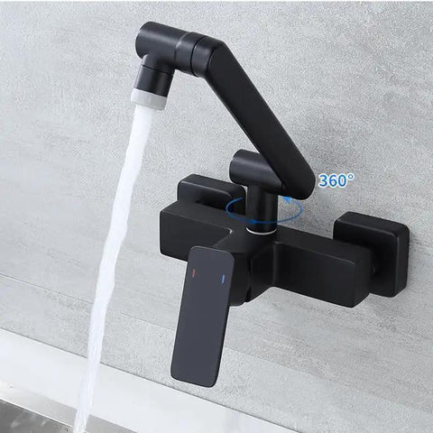LZPHGB Black Wall Mounted Kitchen Faucet Foldable Dual Mode 360° Rotation Kitchen Sink Tap,Black with water flowing.