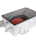 12V Shower Sump System With 750 GPH Pump Three Inlet Options For Easy Install Including 1.75 Inch, 1 Inch Or 1.75 Inch, And 1.125 Inch Or 1.5 Inch Three Quarters Inch Outlet Grey showing three inlets and pump inside a plastic casing.