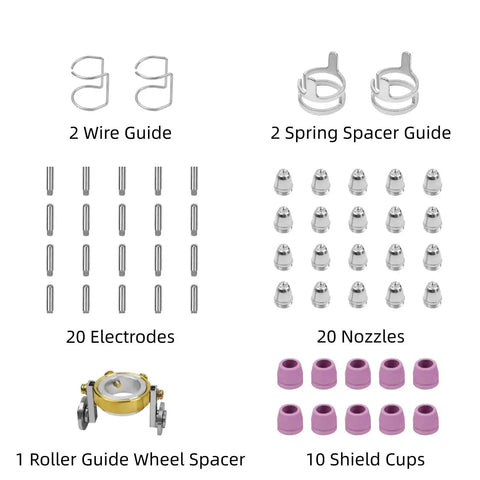 AG60P Plasma Cutter Torch Consumables Kit With Roller Guide Wheel Spacer, 55 Piece Pro Grade Set showing components layout