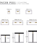Diagram of cabinet sizes showing placement of gold adhesive edge finger pulls, 5 pack, 3.15 inch hidden finger edge pulls for cabinets.