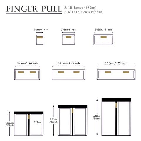 Diagram of cabinet sizes showing placement of gold adhesive edge finger pulls, 5 pack, 3.15 inch hidden finger edge pulls for cabinets.