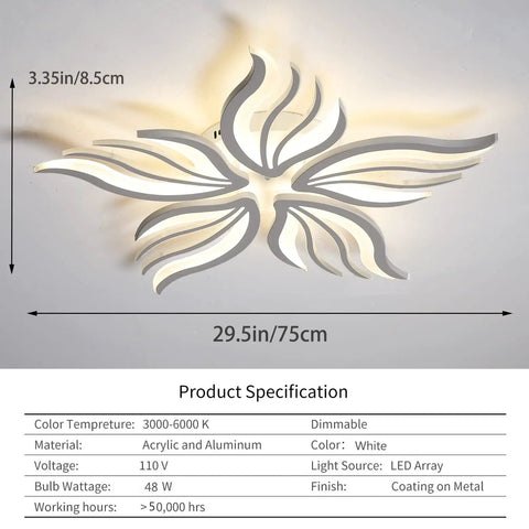 Modern Flower Shaped Dimmable Led Ceiling Light Fixture With Remote Control Acrylic Flush Mount 29.5in White
