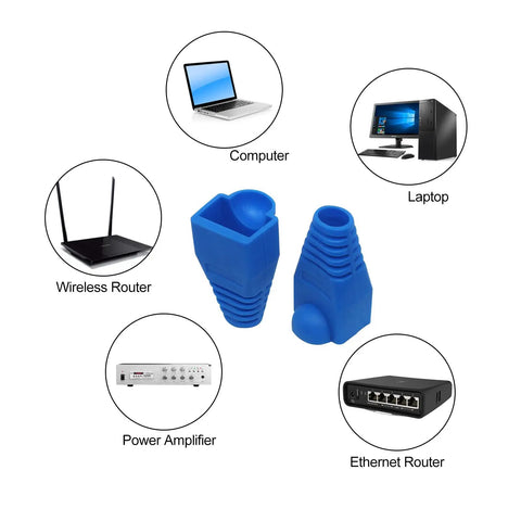 Soft PVC RJ45 Strain Relief Boots For Cat5 Cat5e Cat6 Cables Blue 100 Pack Easy Fit shown with network devices.