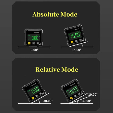 Ultra Precise Digital Angle Finder With Laser And Four Side Magnetic Base, LED Readout Inclinometer For Woodworking, Table Saw Miter Protractor, Level Box, Absolute And Relative Angle Measurements showing absolute and relative mode angles