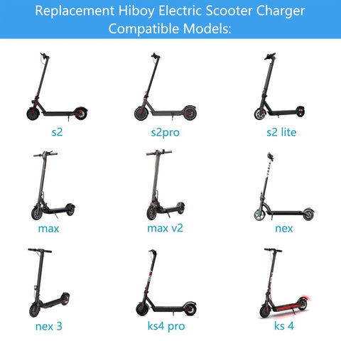 Image showing compatible electric scooter models for 42V Replacement Charger For Electric Scooters That Fit S2 Pro S2 Lite S2 KS4 KS4 Pro NEX NEX3 NEX5 Max Max3 Max V2 With Barrel Round Plug Tip Not 3 Prong Durable Power Supply For Safe Fast Charging.