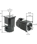 NEMA23 stepper motor with permanent magnet brake; two-part assembly shown, brake on left, motor on right, 56mm frame.