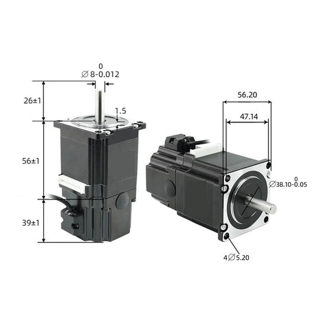 NEMA23 stepper motor with permanent magnet brake; two-part assembly shown, brake on left, motor on right, 56mm frame.