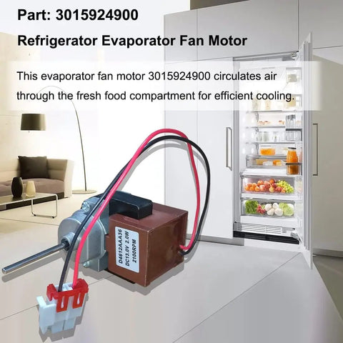 Refrigerator Evaporator Fan Motor 3015924900 D4612AAA36 DC 13V Replacement with visible connectors, easy install in kitchen
