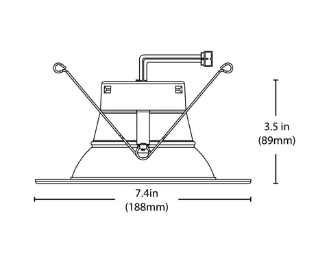 Dimmable LED recessed ceiling light showing 7.4in diameter and 3.5in height, suitable for kitchen ambiance.