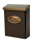 Locking Wall Mount Mailbox In Galvanized Steel Venetian Bronze Medium Capacity With Concealed Cam Lock And 2 Keys Easy Lift Lid Delivery Slot Measures 7.1 Inches Wide By 0.8 Inches High Magazine Flat bronze mailbox front view.