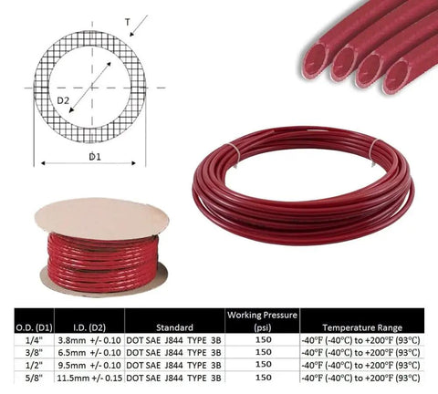 3/8 Inch SAE J844 Nylon Air Brake Tubing 100 Feet Red, coiled, with specifications for auto and truck brake systems, DOT approved.
