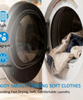 Open dryer door with soft clothes, illustrating the Ready To Roll All In One Dryer Repair Kit With Drum Rollers And Bearings Belt And Pulley