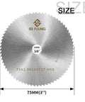 Front view of Three Inch HSS Circular Saw Blade With Three Eighth Inch Arbor 72 Tooth Multi Material Cutter, showing dimensions and branding.