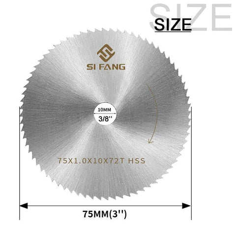 Front view of Three Inch HSS Circular Saw Blade With Three Eighth Inch Arbor 72 Tooth Multi Material Cutter, showing dimensions and branding.