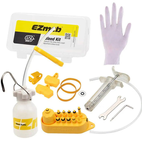 All In One Hydraulic Disc Brake Bleed Kit For Bikes With 12 Oil Filling Joints And Funnel Universal Tool For Shimano Magura Tektro And SRAM Systems Easy At Home Bike Brake Maintenance, including syringe, gloves, and wrenches.