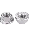 Heavy Duty M6 Serrated Flange Nuts 50 Pack Zinc Coated Steel Hex Fasteners with jagged bite rings, showcasing two nuts.