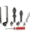 Ten Piece Pipe Fighter Drain Cleaning Kit Featuring Battle Ready Cutters And Heavy Duty Augers Designed For Ridgid Sectional Cable Machines Like K400 C4 C6 C7 C8 And C9 Compatible With Five Sixteenths Three Eighths And Five Eighths Lines with various heavy-duty cutters and augers.