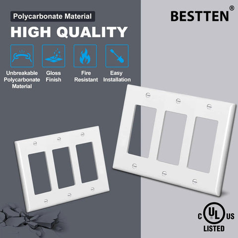 Two Pack 3 Gang Decorator Wall Plate Cover for GFCI Outlets and Dimmer Switches, Unbreakable Polycarbonate, White, UL Listed
