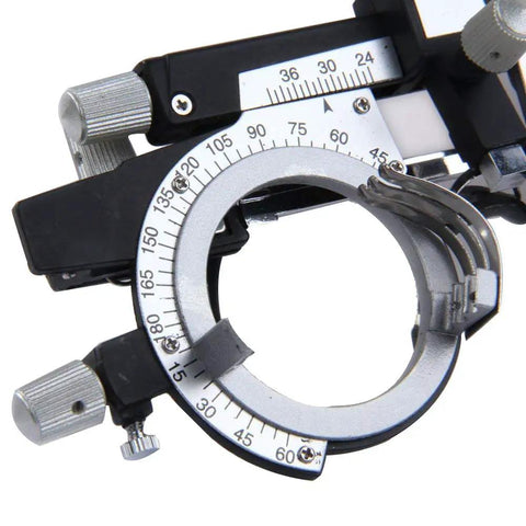Close-up of Fully Adjustable Optometry Trial Frame For Eye Exams And Fittings, showing rotating lens degrees and precise PD scale.