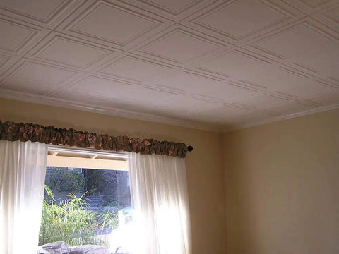 Glue Up Foam Ceiling Tiles For Popcorn Ceilings 48 Pack 128 Sq Ft Per Case Plain White Lightweight Styrofoam Panels installed in a room