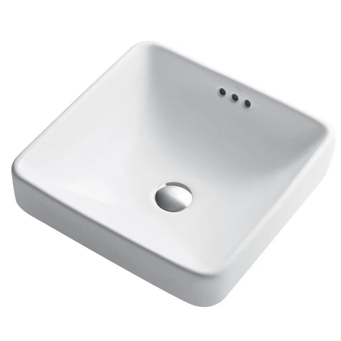 Elavo Square Vessel Sink With Overflow White Porcelain Ceramic Semi Recessed Bathroom Vanity Sink 16 And A Half Inch Scratch Resistant Easy To Clean High Gloss Glaze