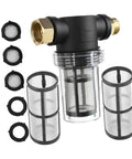 Heavy Duty Inline Water Sediment Filter for Garden Hose or Car Wash Rig with Quick Connect Fitting, black and clear design.