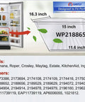 Diagram showing dimensions of Crisper Bin Drawer Replacement with Humidity Control for Whirlpool and Kenmore refrigerators.