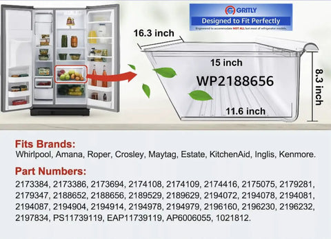 Diagram showing dimensions of Crisper Bin Drawer Replacement with Humidity Control for Whirlpool and Kenmore refrigerators.