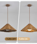 DLITISH 19'' Hand Woven Rattan Pendant Light with Glass Shade turned on and off, showcasing natural texture and design.