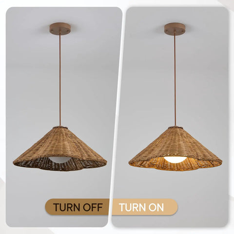 DLITISH 19'' Hand Woven Rattan Pendant Light with Glass Shade turned on and off, showcasing natural texture and design.