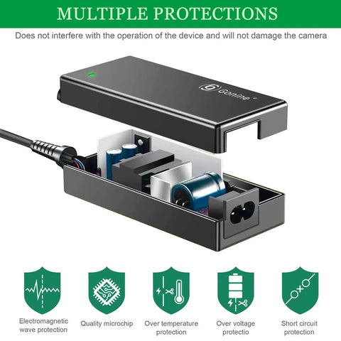 Internal view of EN-EL15 Dummy Battery And Power Supply Kit For Nikon Cameras EP-5B AC Adapter with protective features icons.
