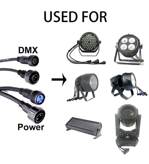 Top Tier Waterproof Power Cable Extension Featuring 3 Pin 13Awg Connectors Ip65 Rated 16.4 Foot Stage Lighting Cord image with DMX and power plugs for lights.