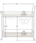 Prime Rolling Industrial Bar Cart With Heavy Duty Dual Tier Shelves And Rustic Wood Metal Build, dimensions shown.