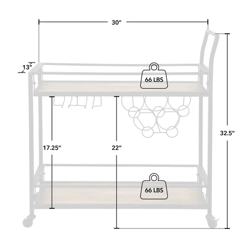 Prime Rolling Industrial Bar Cart With Heavy Duty Dual Tier Shelves And Rustic Wood Metal Build, dimensions shown.