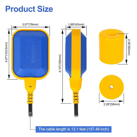 13ft Cable Float Switch Water Level Controller dimensions with 4.07" x 3.07" and 2.36" counterweight, dual mode use