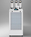 Heavy Duty Portable Air Conditioner With Three Slick Adjustable Nozzles For Workshops And Warehouses Featuring No Sweat Digital Remote, front view.