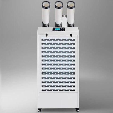 Heavy Duty Portable Air Conditioner With Three Slick Adjustable Nozzles For Workshops And Warehouses Featuring No Sweat Digital Remote, front view.