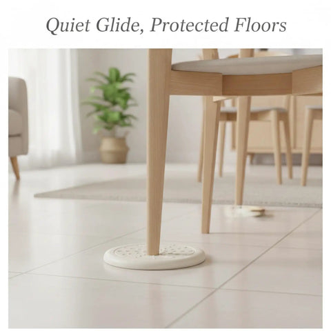 Self Adhesive PVC Furniture Pads Floor Protectors for Hardwood and Tile Quiet Glide Cushions under chair on tiled floor.