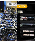 Before and after view of cable clutter organized with Open Slot Cable Management Kit With Upgraded Snap Structure Built For Big Cable Loads.