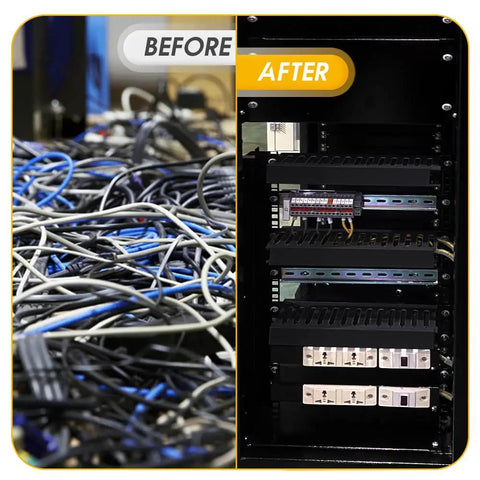 Before and after view of cable clutter organized with Open Slot Cable Management Kit With Upgraded Snap Structure Built For Big Cable Loads.