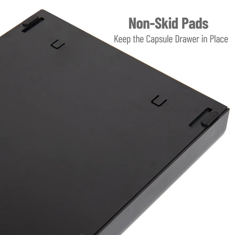 Compact Single Serve Coffee Capsule Drawer Organizer Holds 50 Small Pods Upright With Flat Base showing non-skid pads